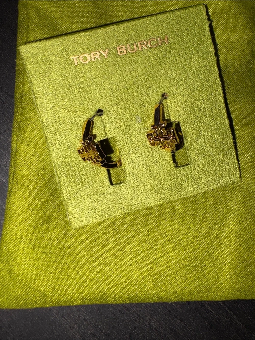Tory Burch BRITTEN HOOP EARRING Gold Logo Hoop Earrings with Lime Green Pouch